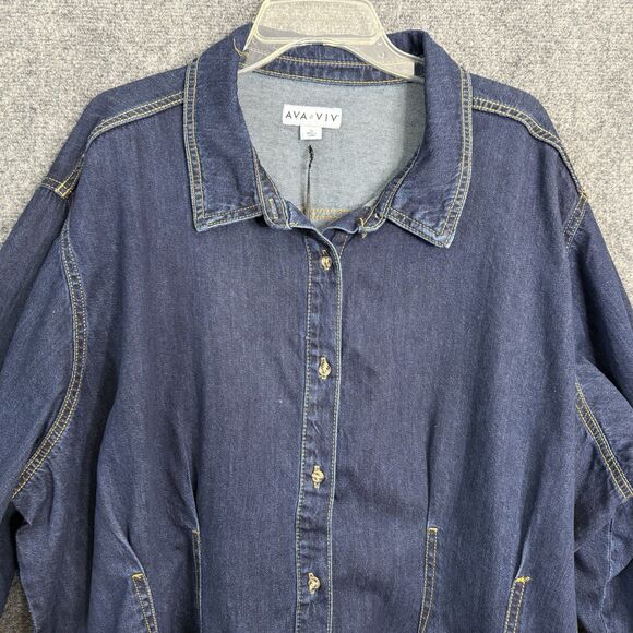 AVA & VIV Long Sleeve Denim Shacket Shirt Fitted Women 3X Dark Wash Button Darts - Picture 2 of 13
